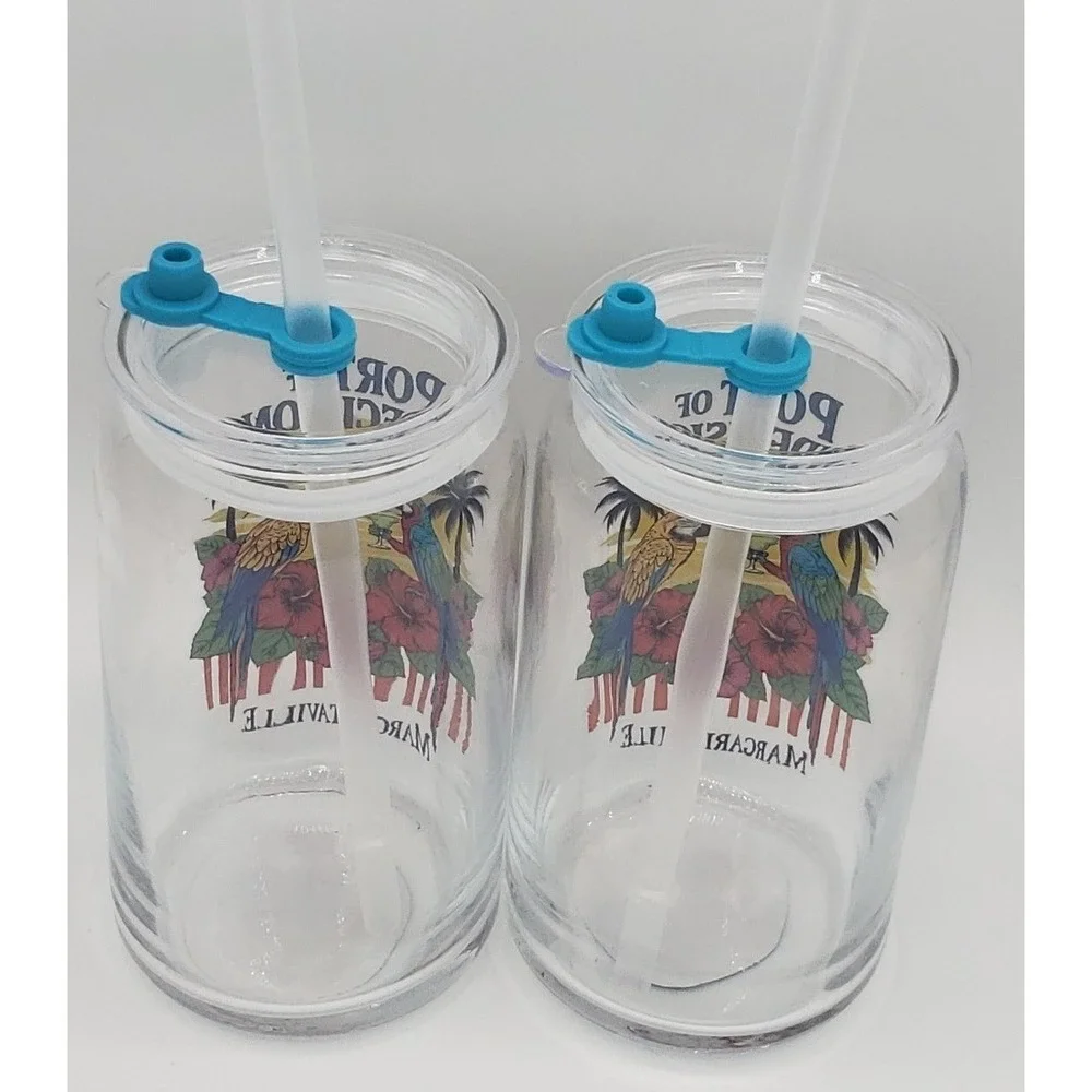 Margaritaville Glass Sipper Cup Port of Indecision Set of 2 Lids Straws 16oz